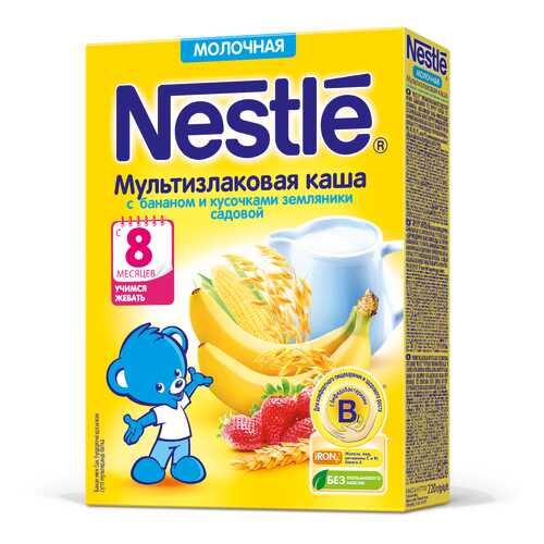 Каша молочная Nestle Мультизлаковая с бананом и кусочками земляники с 8 мес. 220 г в Дочки и Сыночки